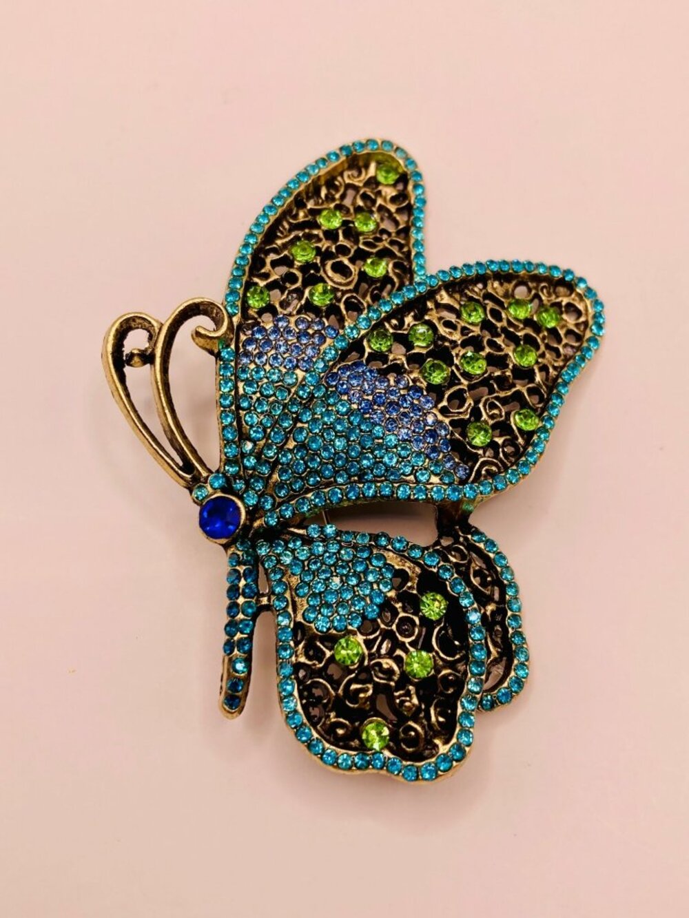 Butterfly Brooch Pin Blue & Green Rhinestones Antique Gold-Tone Metal -60B